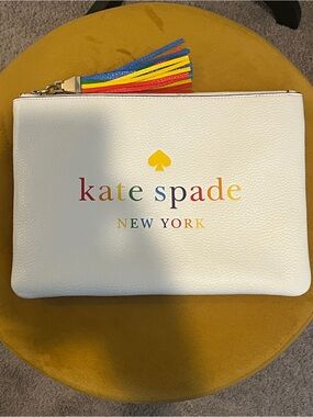 kate spade White Rainbow Logo Zip Pouch with Multicolor Tassel